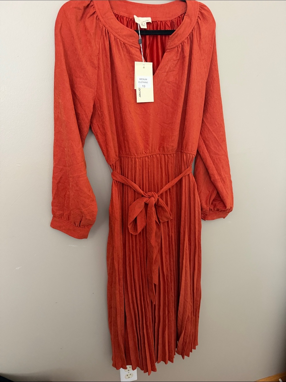 NWT Pleated Long-Sleeve Midi Dress in Rust Orange